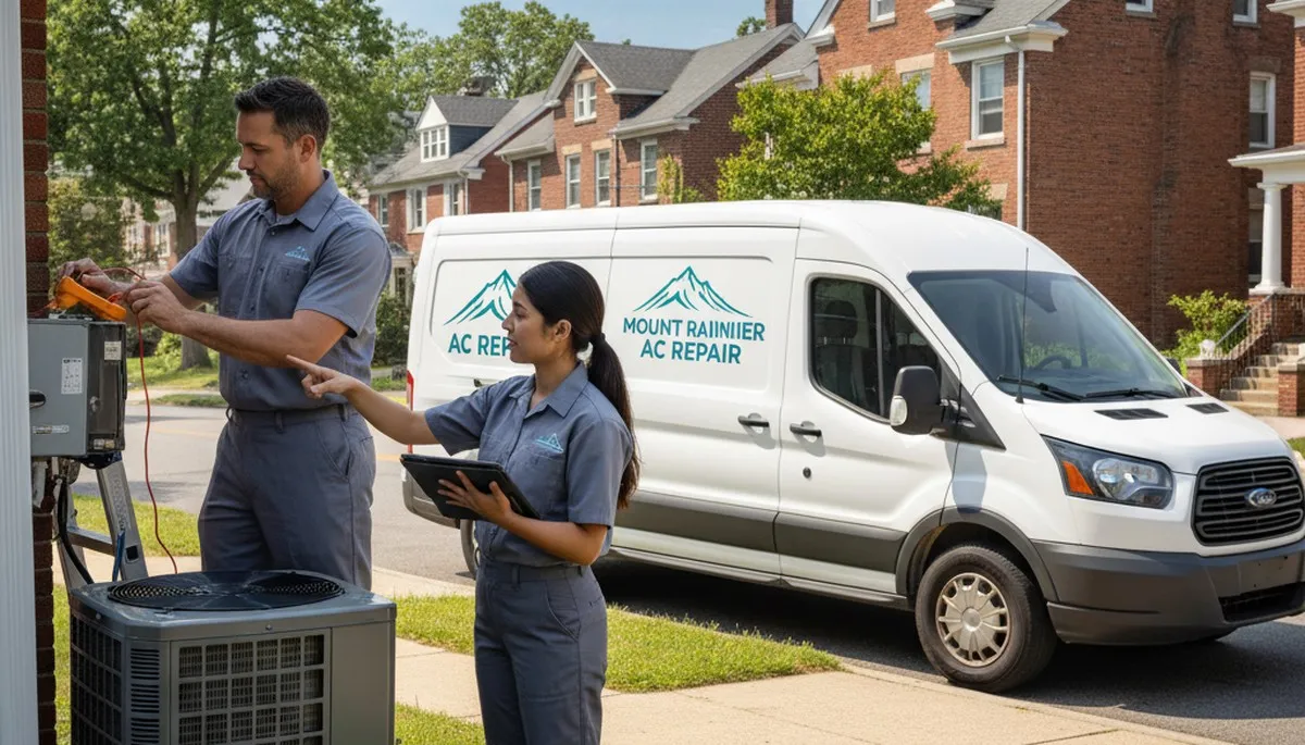 Professional AC repair technician servicing air conditioner in Silver Spring, MD home