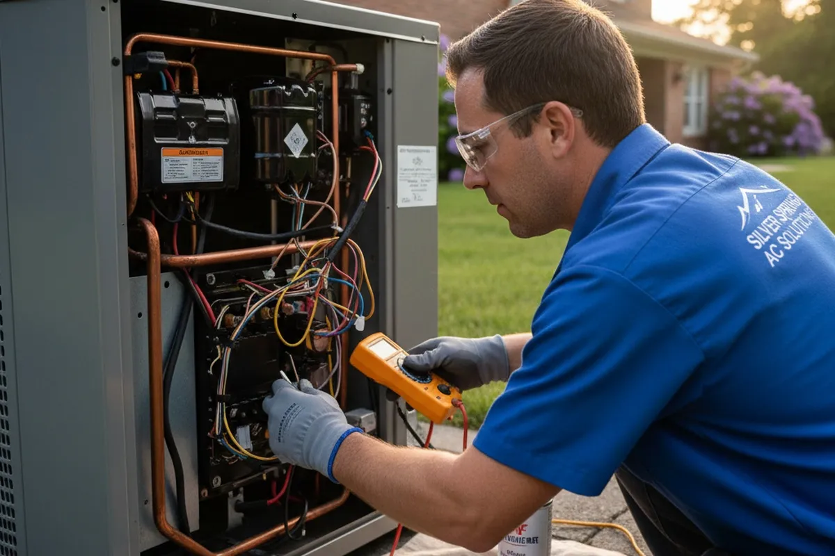 Technician performing professional AC repair on outdoor unit at a Silver Spring MD home