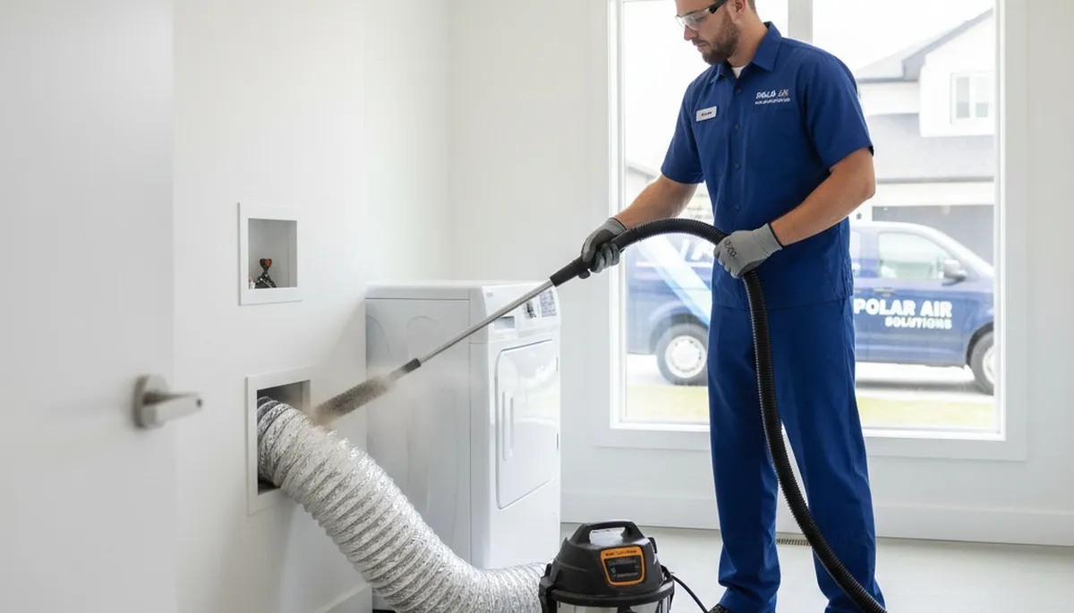 Technician cleaning dryer vent in Silver Spring MD home for Five Star Cooling maintenance service