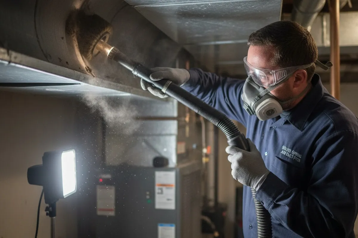 Technician performing detailed air duct cleaning with precision tools in Silver Spring, MD home